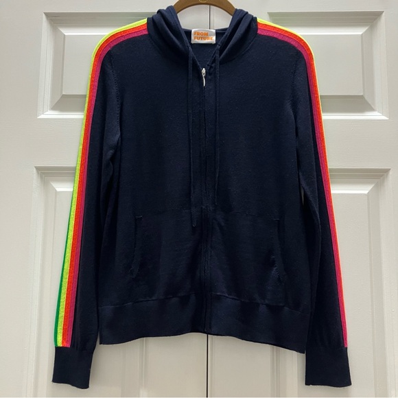 From Future Rainbow Stripe Zip Hoodie Sweater Cardigan Merino Wool Navy Blue S - Picture 1 of 14